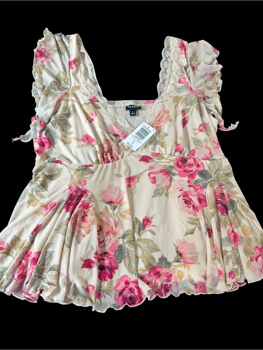torrid Cream Floral Lace-Trim Babydoll Top - Pink Rose Print